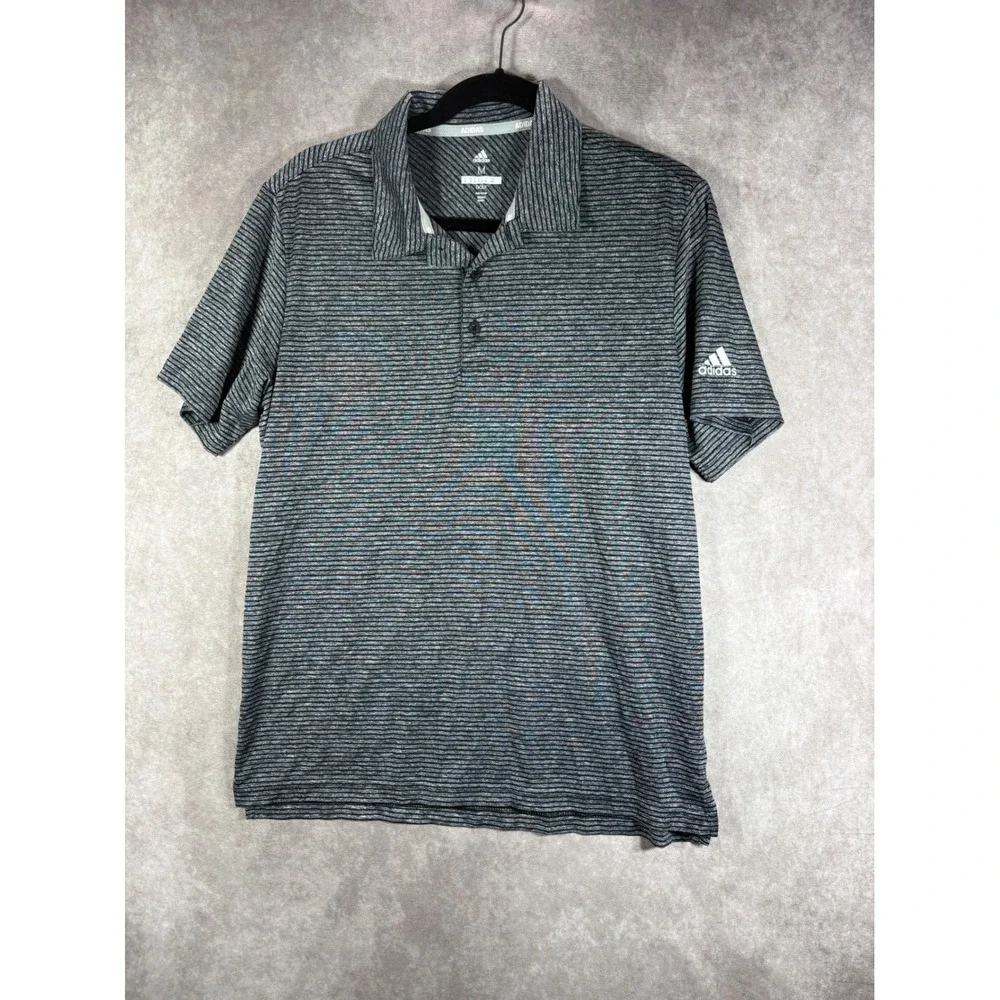 Adidas Polo Shirt Men Medium Gray Golf Striped Short Sleeve Performance Athletic